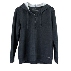 Eddie Bauer Woman’s Hooded Sweatshirt Long Sleeves Gray Size Medium Buttons